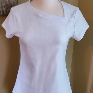 NEW! Philosophy White Asymmetrical Neckline, Short Sleeved, Ribbed Top, Size: S